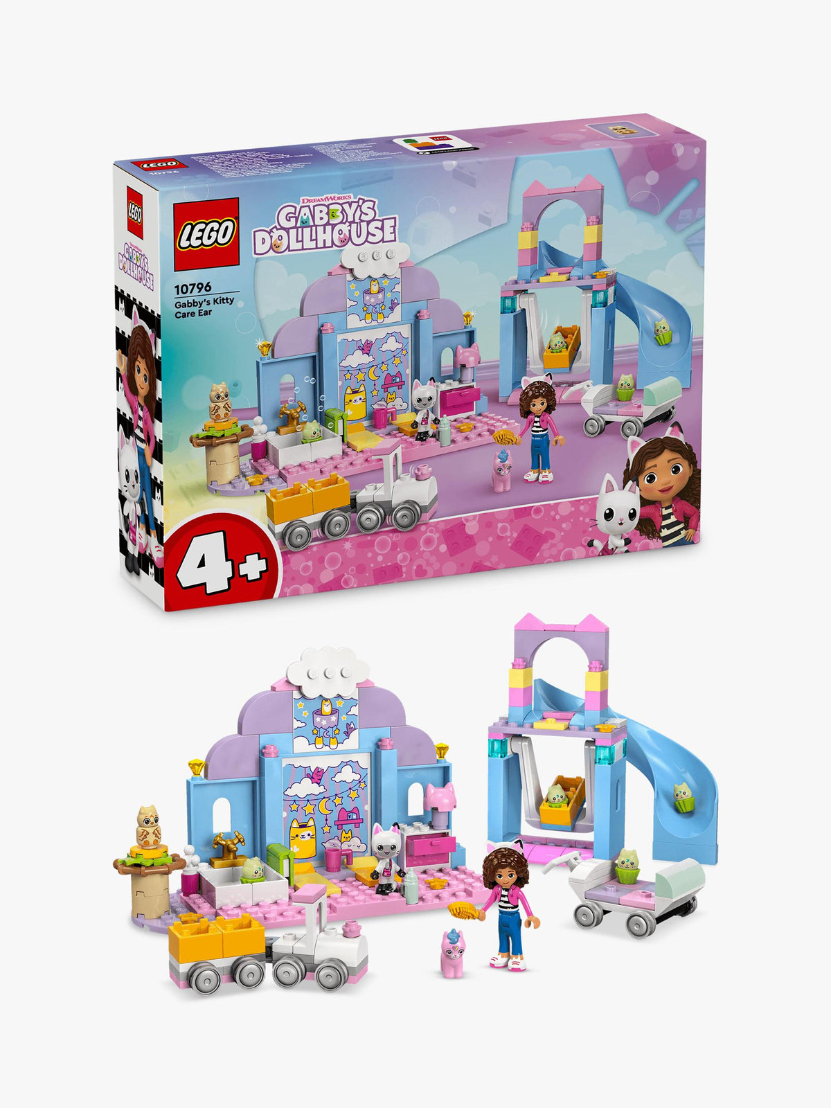 Dollhouse Playset Featuring Kitty Care Theme, Slide, Buggy, and Train