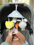 Taf Toys garden pram mobile with soft bunny, carrot teether, and rattling tulip (British brand)