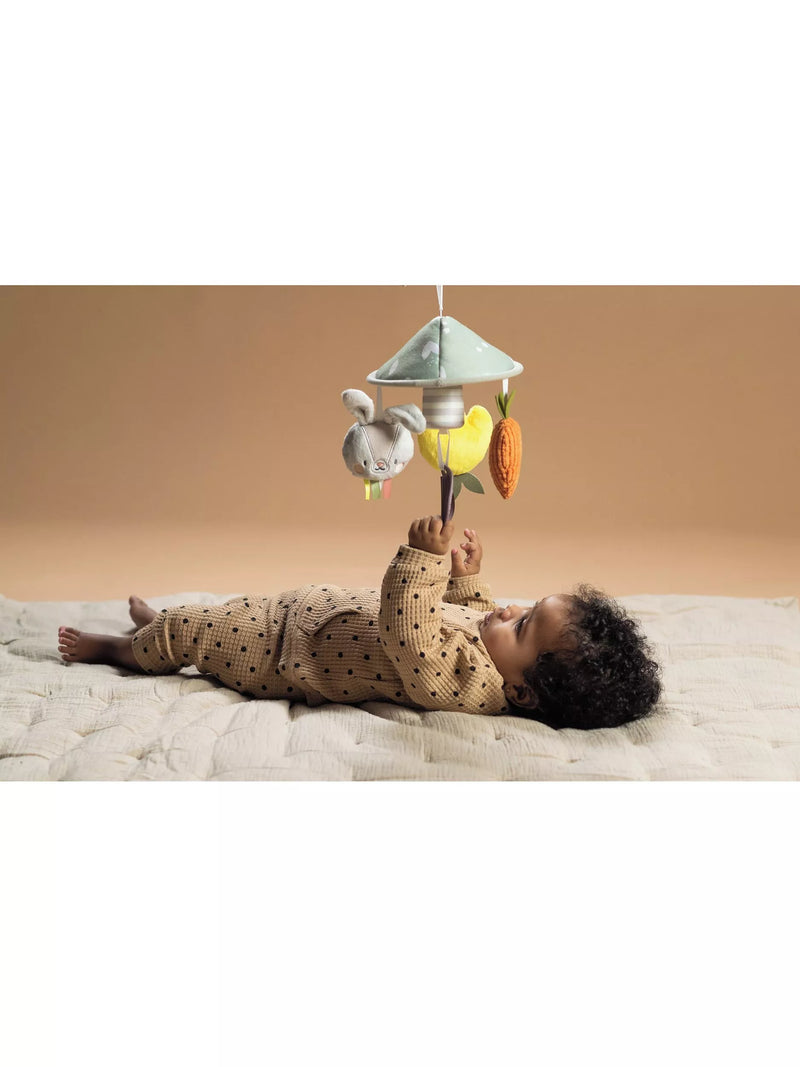 Taf Toys garden pram mobile with soft bunny, carrot teether, and rattling tulip (British brand)