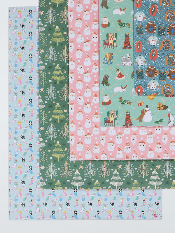 Set of 5 Christmas Themed Flat Sheet Wrapping Papers