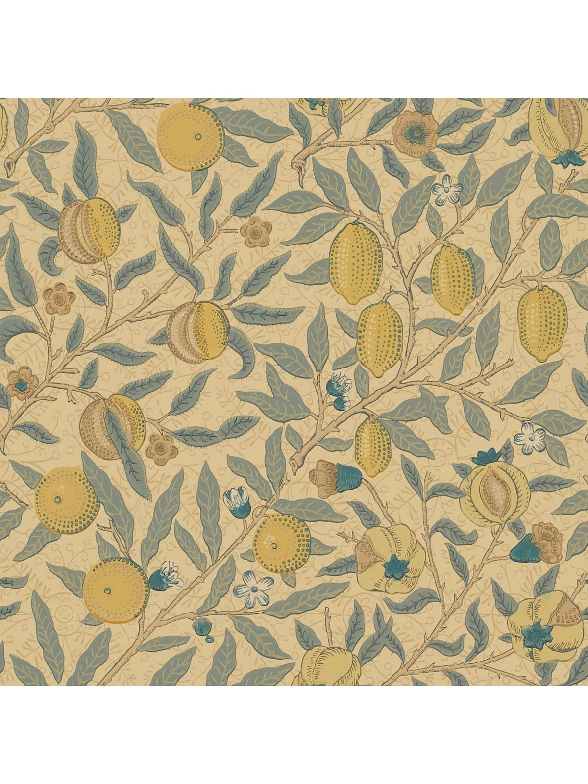 Morris & Co. Fruit Wallpaper Blue/Gold/Brown, imported from the UK