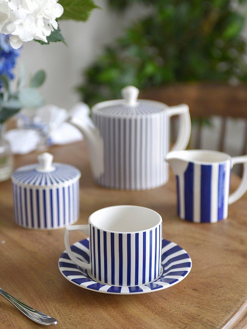 Spode Steccato stripe earthenware teacup and saucer set, UK version