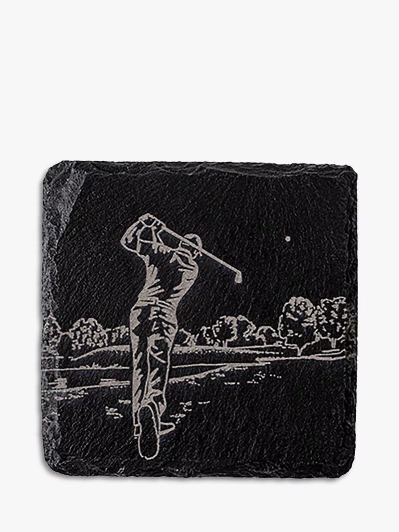 Selbrae House square slate coaster with golf design, natural finish - British product