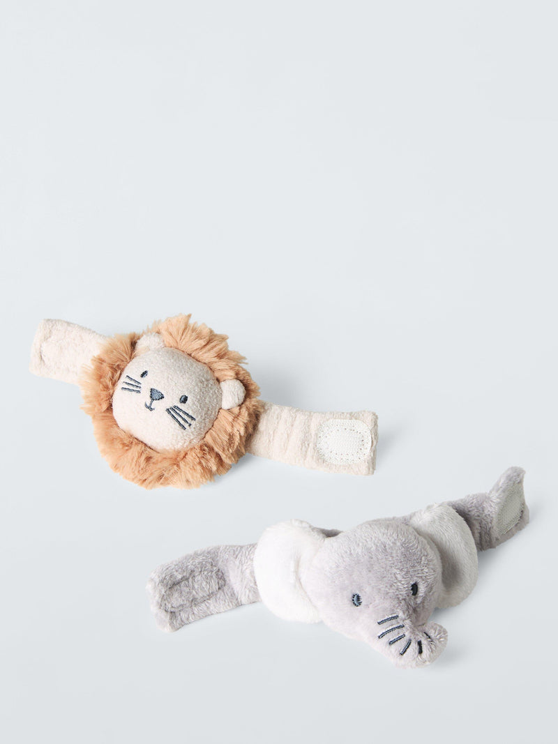 John Lewis jungle wrist rattle with lion and elephant designs, pack of 2, UK version