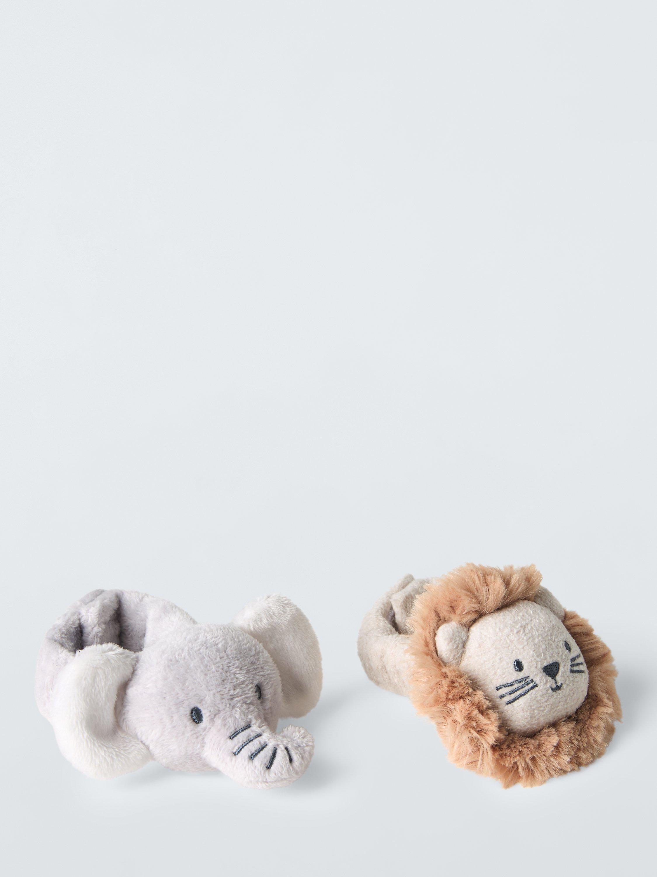 John Lewis jungle wrist rattle with lion and elephant designs, pack of 2, UK version