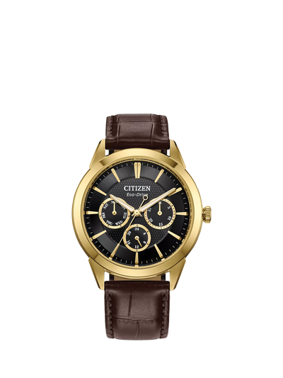 John Lewis Citizen Men's Eco-Drive Chronograph Day Date Leather Strap Watch 44mm- Buy online at McGrocer