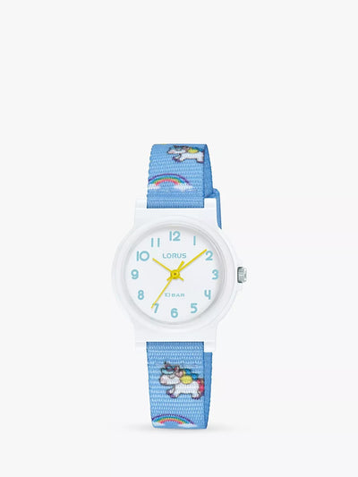 John Lewis Lorus RRX47JX9 Kinder Einhorn Stoffarmbanduhr, Hellblau