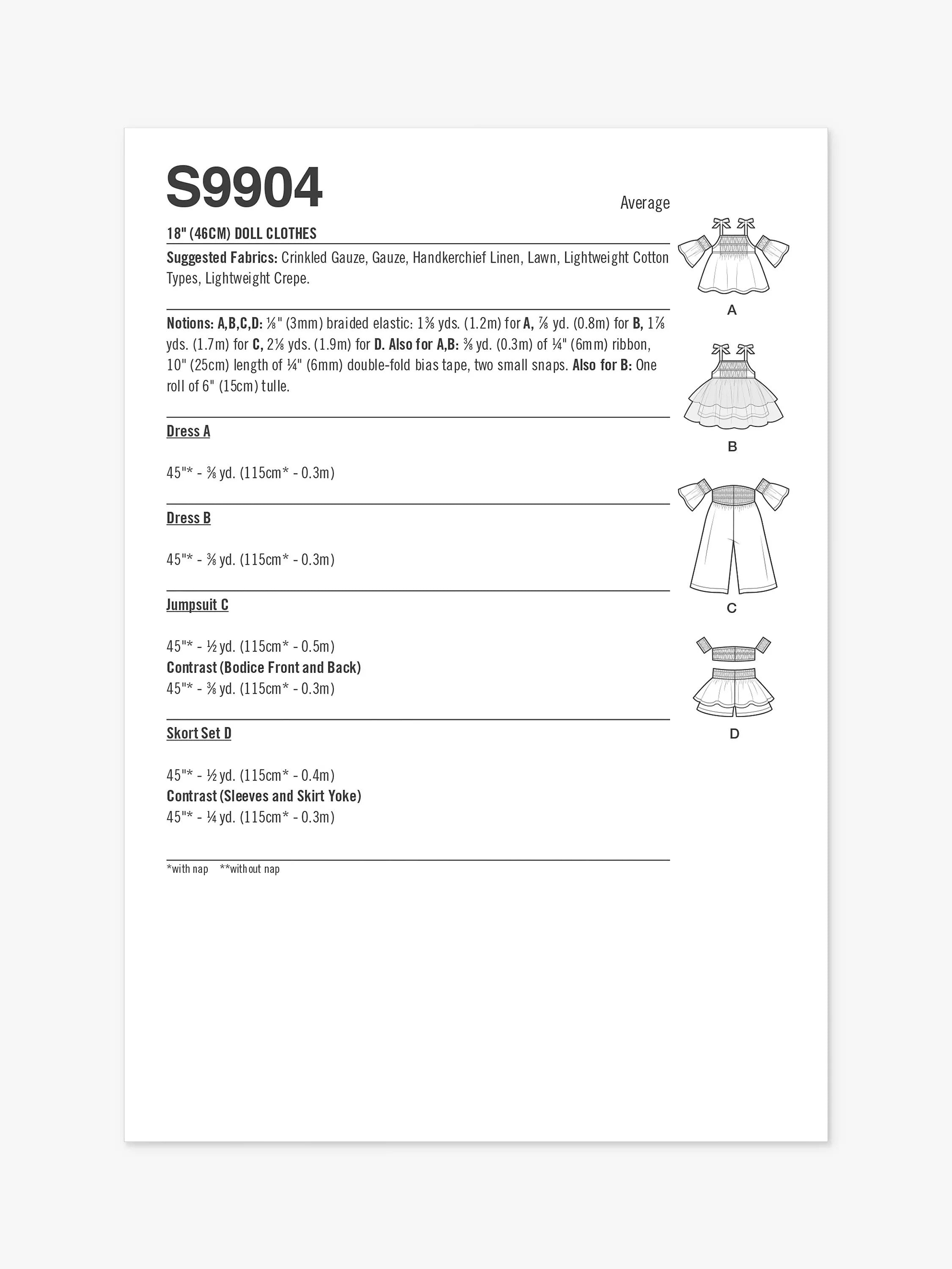 Simplicity sewing pattern S9904 for 46cm dolls, imported from the UK
