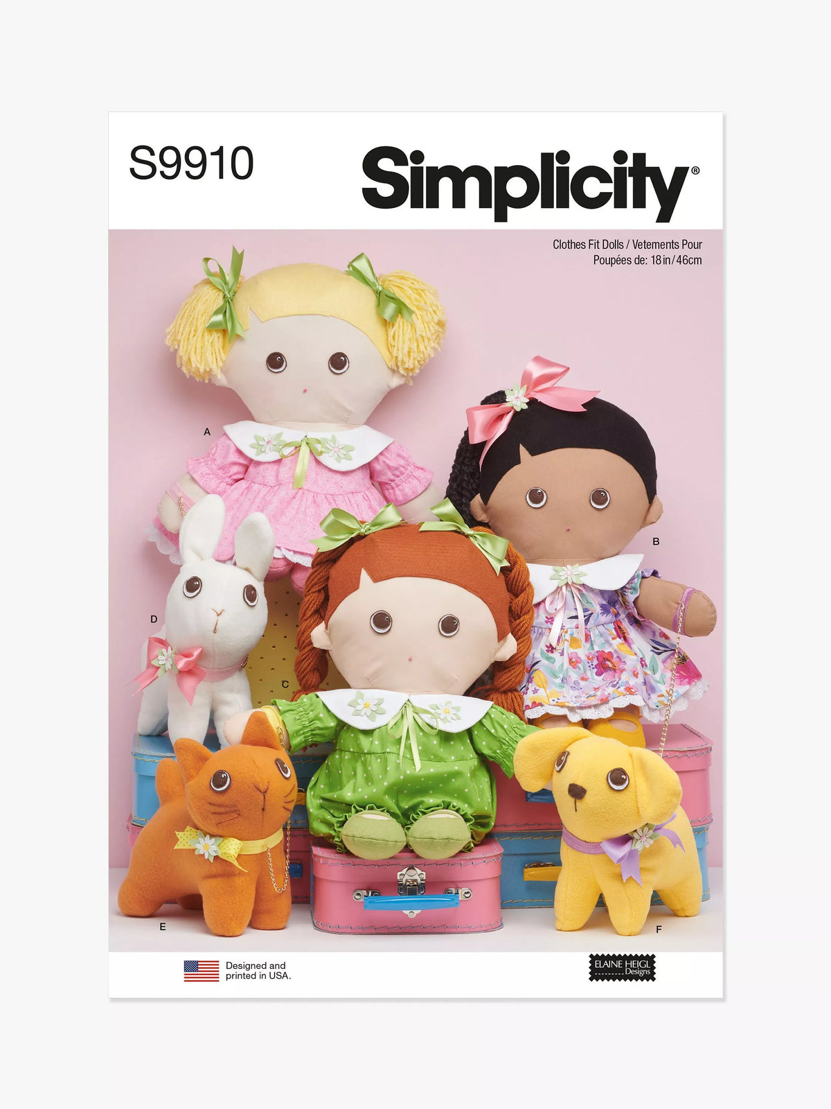 Simplicity S9910 plush doll and pet sewing pattern, UK version