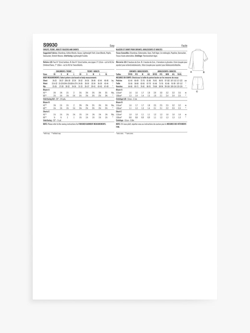 Simplicity sewing pattern for blazers and shorts S9930 - British product