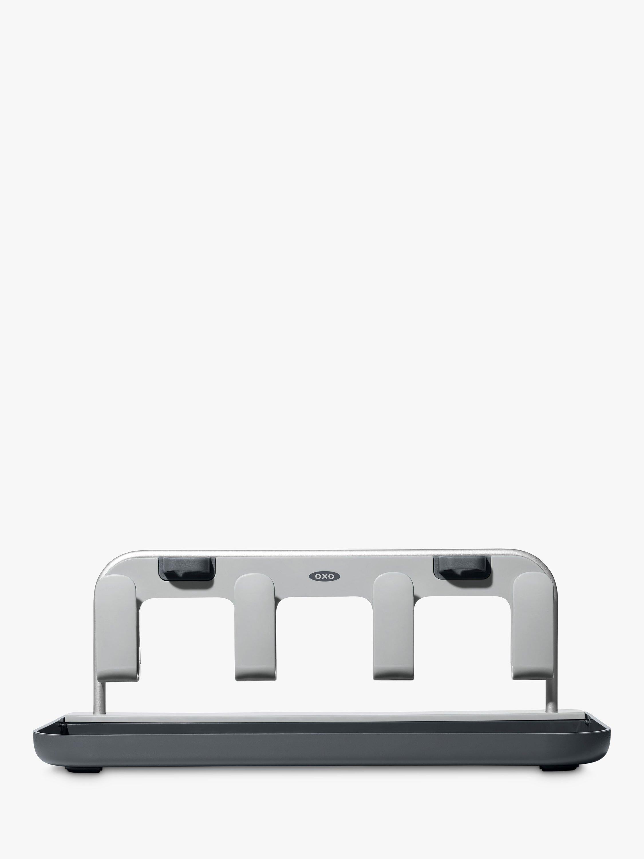 OXO bottle drying rack in grey and silver for four bottles and straws, imported from the UK