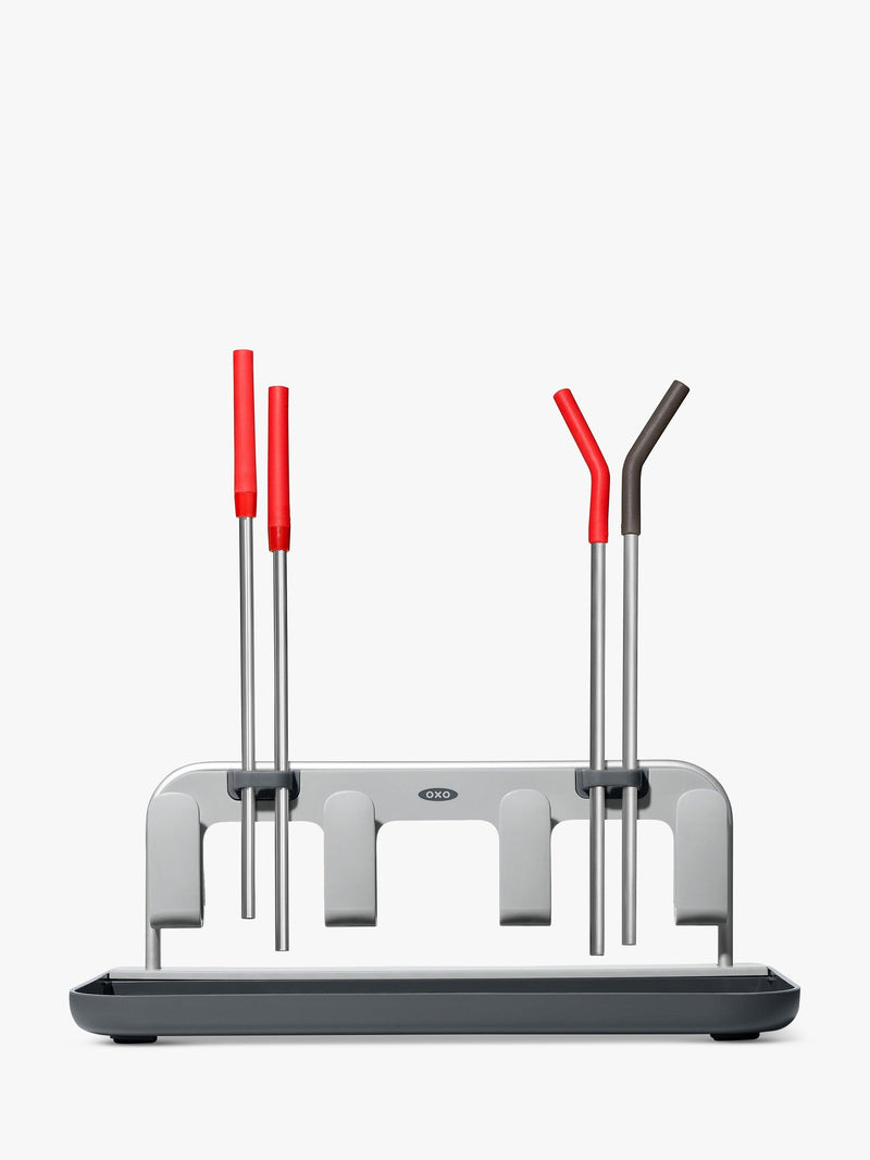 OXO bottle drying rack in grey and silver for four bottles and straws, imported from the UK