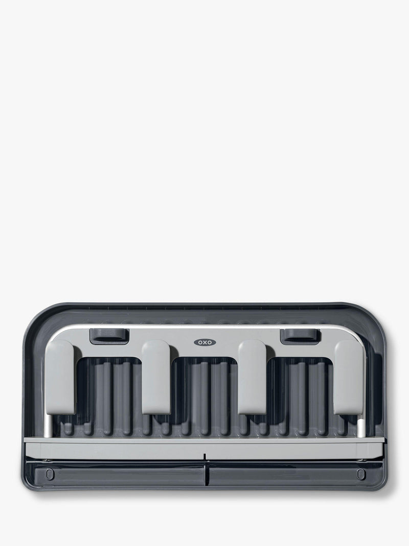 OXO bottle drying rack in grey and silver for four bottles and straws, imported from the UK