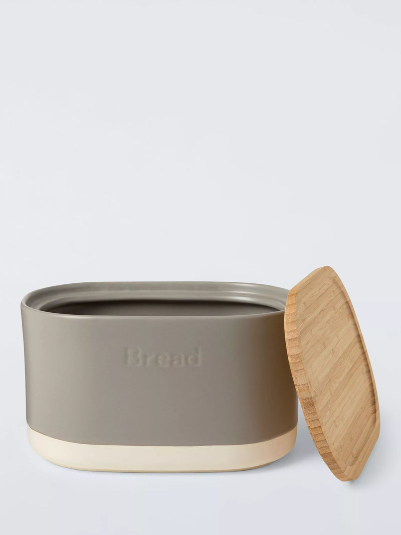 John Lewis stoneware bread bin grey bamboo lid, imported from the UK