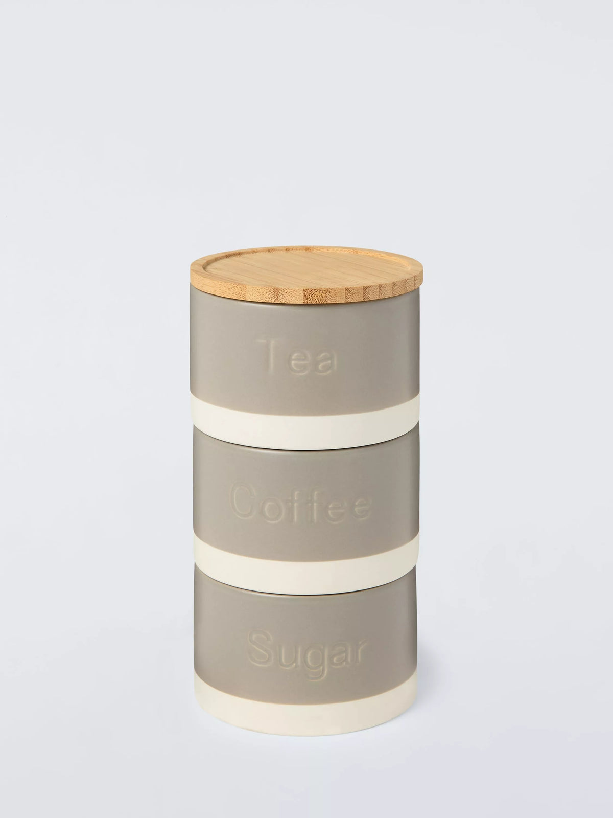 John Lewis grey stoneware caddy stack for tea coffee sugar (British brand)