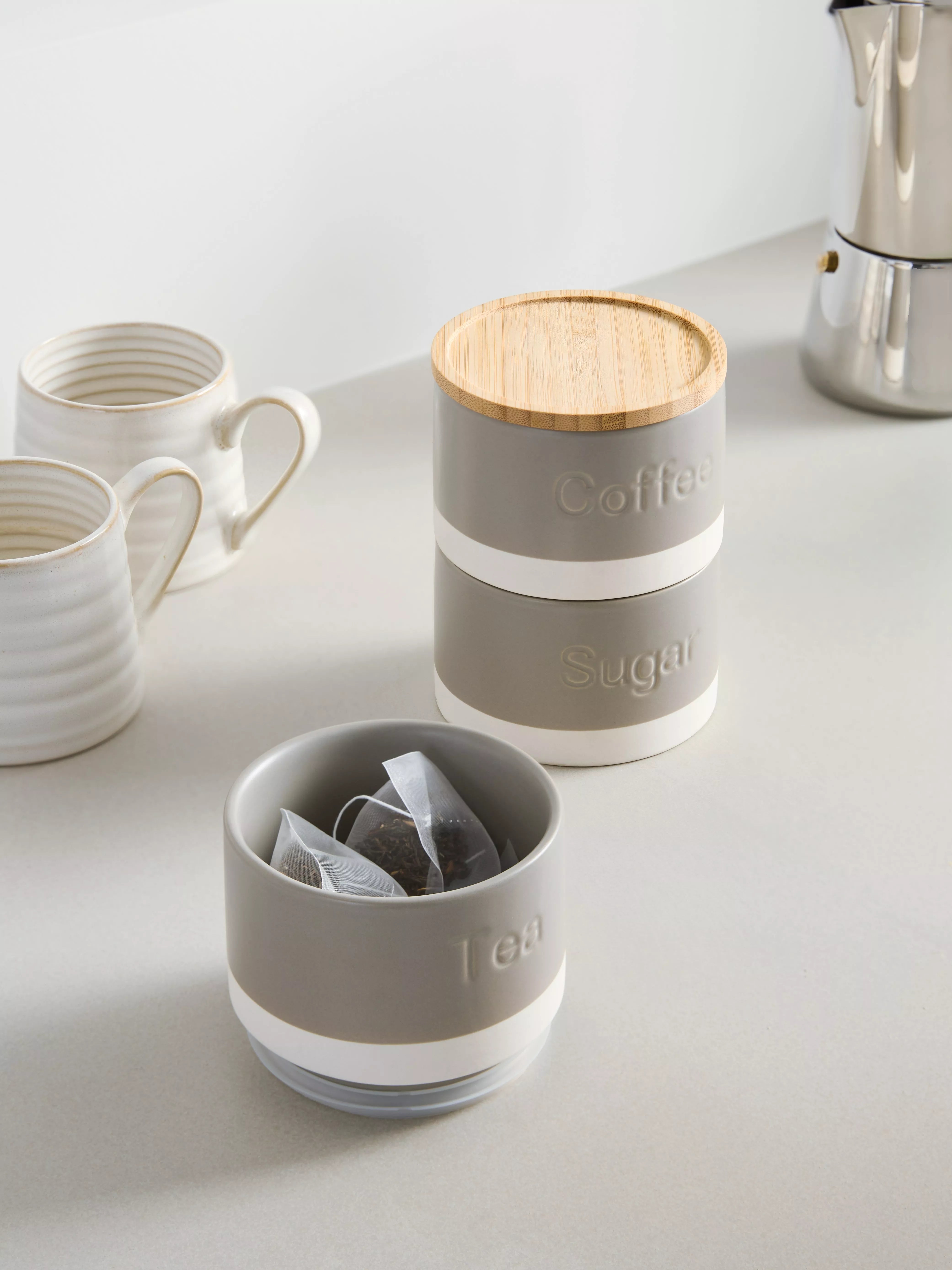 John Lewis grey stoneware caddy stack for tea coffee sugar (British brand)