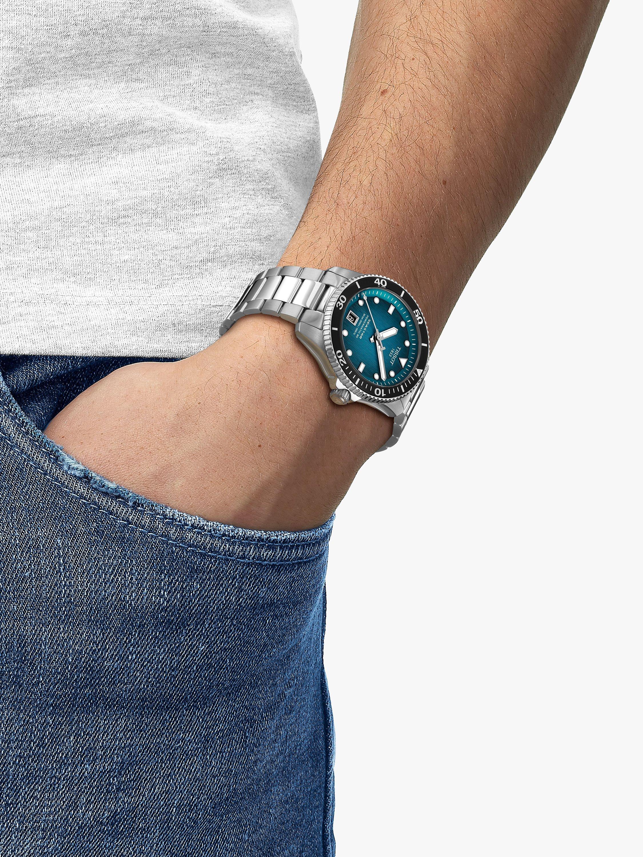 Tissot Seastar Powermatic 80 automatic watch silver bracelet blue dial, UK version