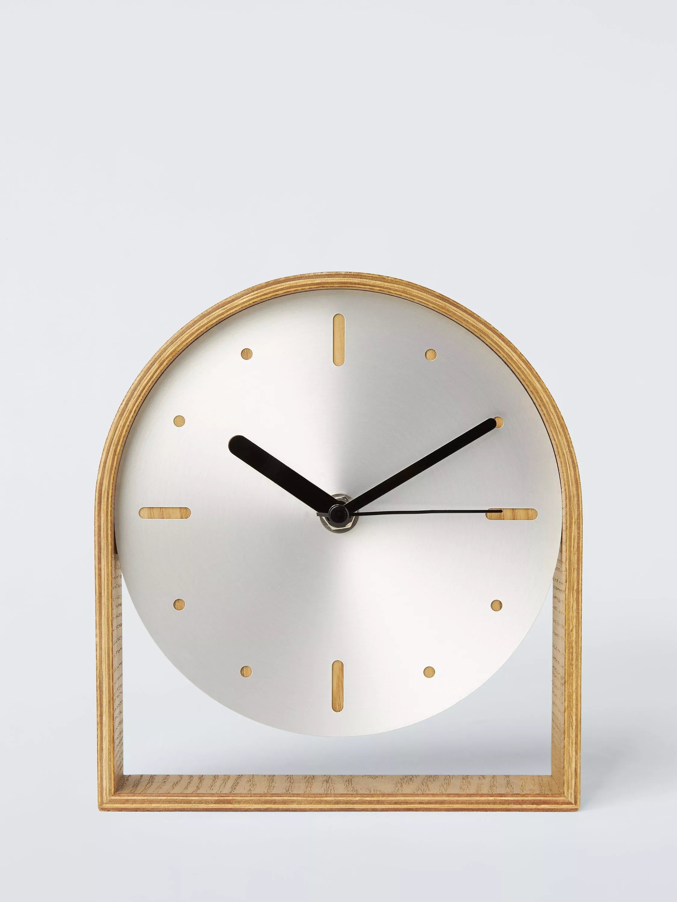 John Lewis mantel clock brushed aluminium natural wood, imported from the UK
