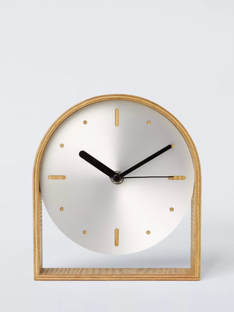 John Lewis mantel clock brushed aluminium natural wood, imported from the UK