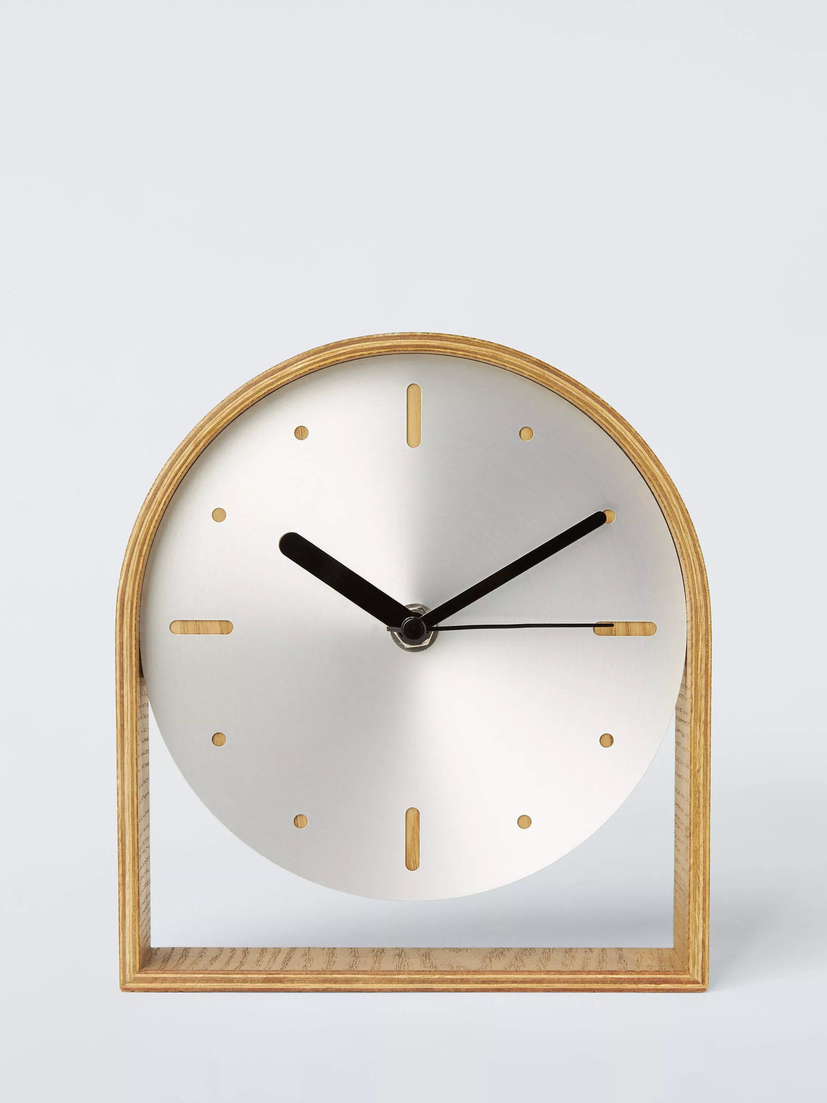 John Lewis mantel clock brushed aluminium natural wood, imported from the UK