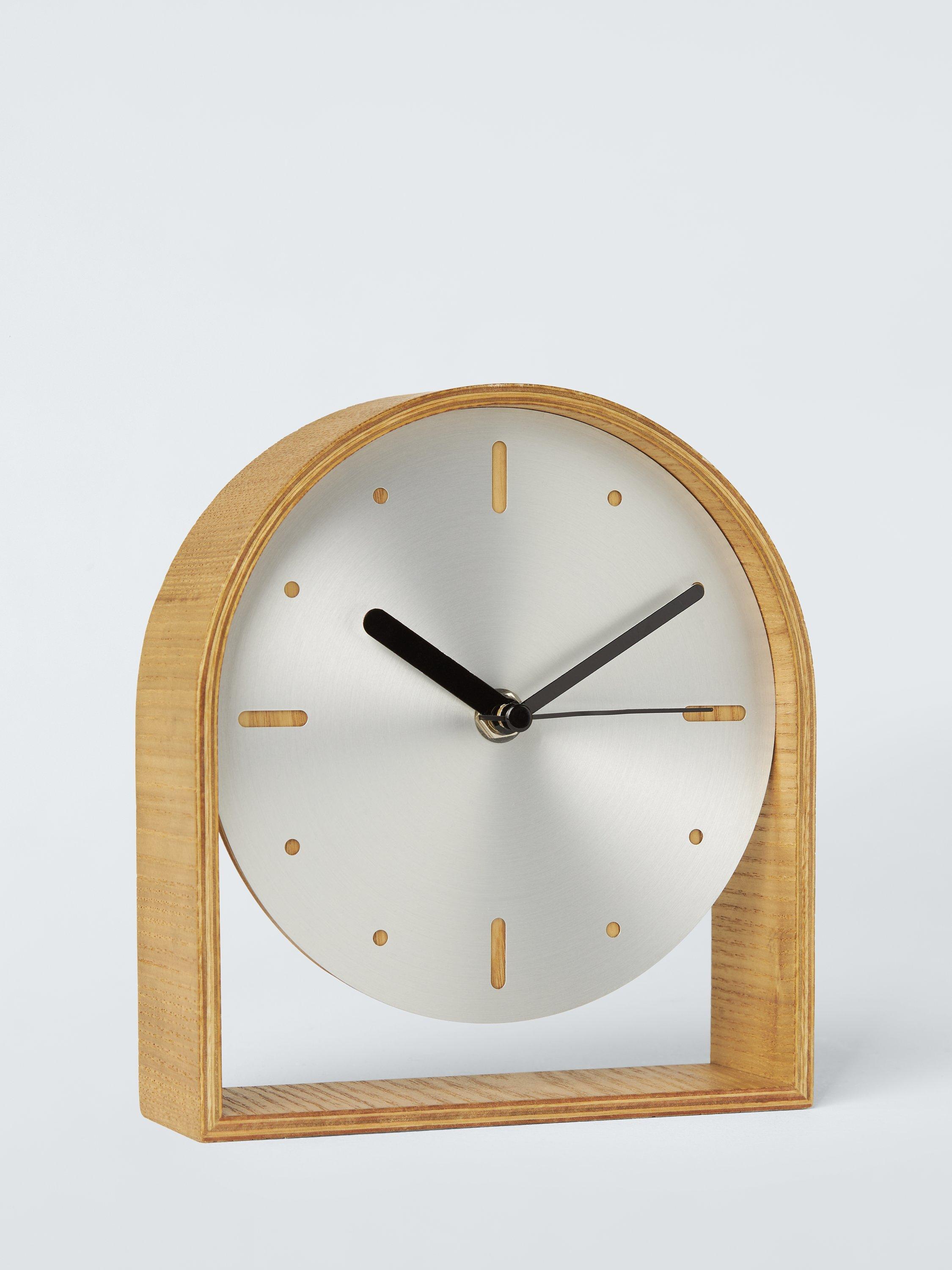 John Lewis mantel clock brushed aluminium natural wood, imported from the UK