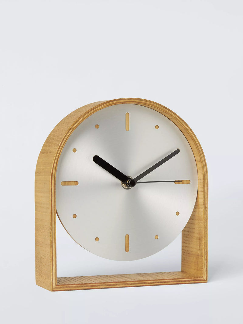 John Lewis mantel clock brushed aluminium natural wood, imported from the UK