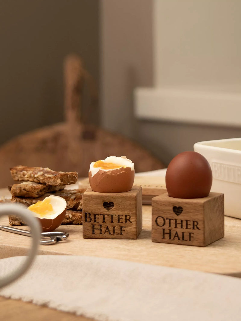 Selbrae House oak wood egg cups set of 2 with engravings (British brand)