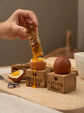 Selbrae House oak wood egg cups set of 2 with engravings (British brand)