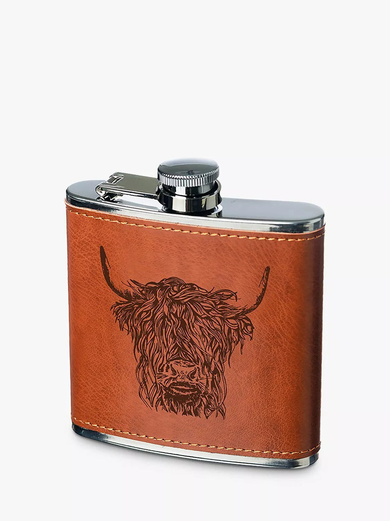 Selbrae House Highland Cow Leather Hip Flask (British brand)