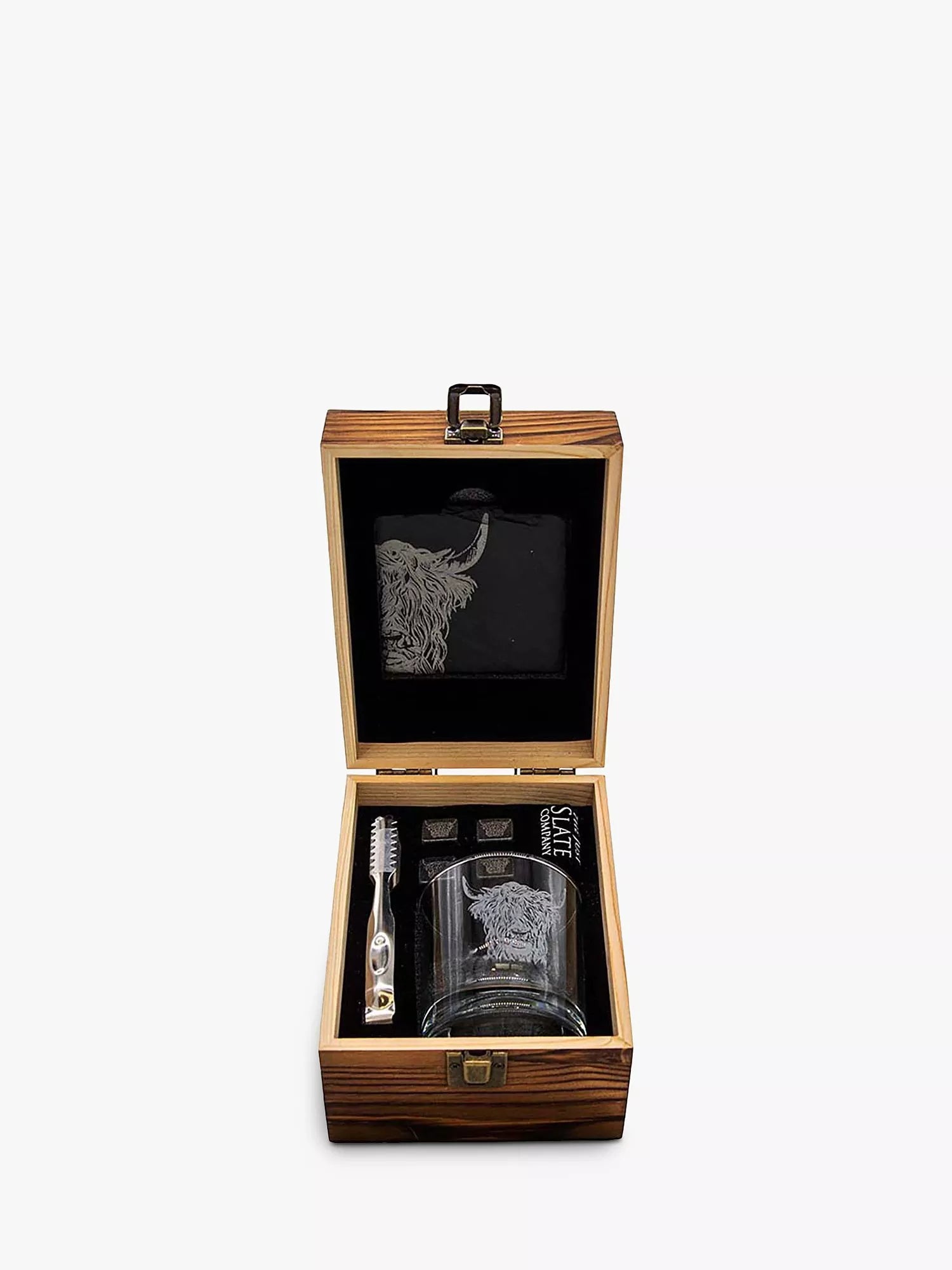 Selbrae House highland cow whisky gift set with coaster and stones, imported from the UK