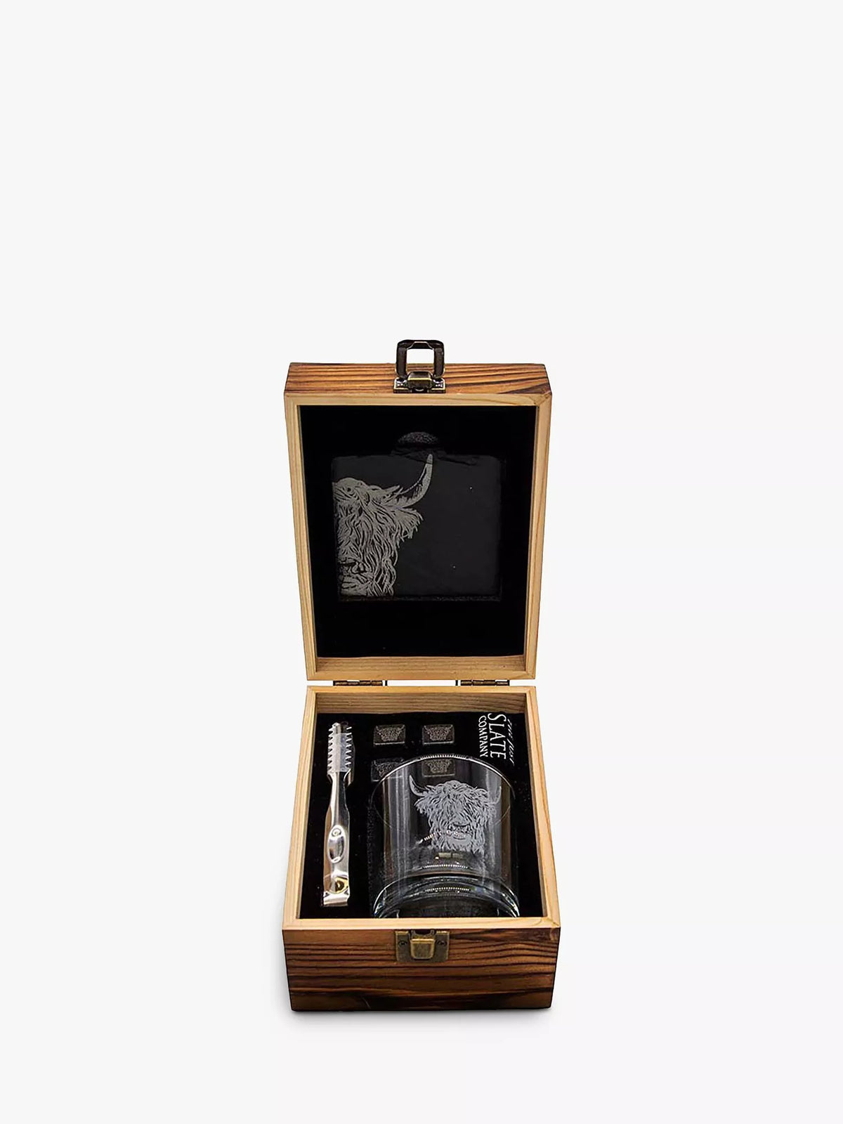 Selbrae House highland cow whisky gift set with coaster and stones, imported from the UK