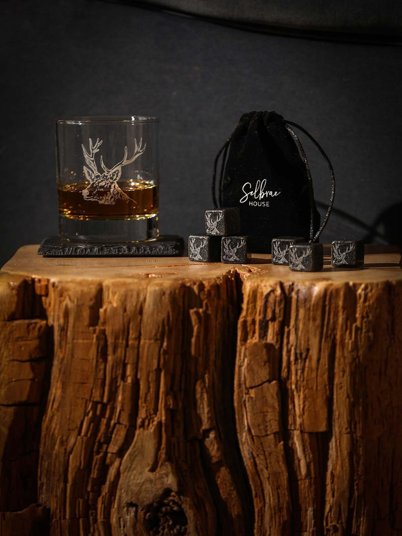 Selbrae House stag whisky tumbler and coaster set, UK version