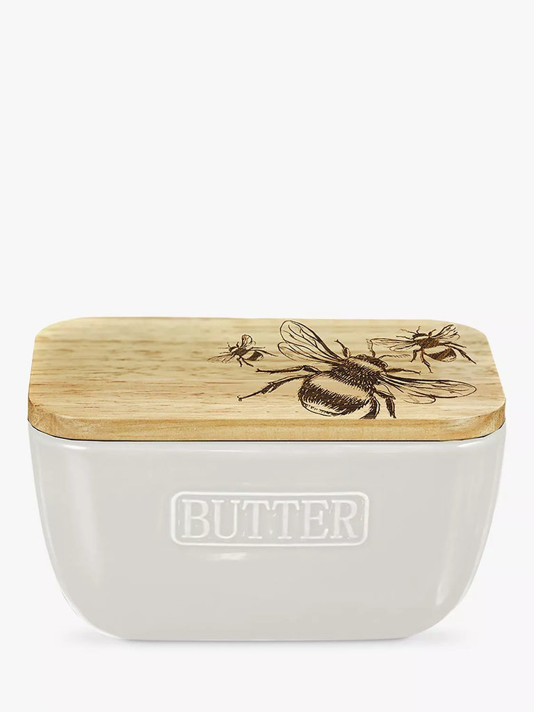 Selbrae House Bee Ceramic Butter Dish with Oak Wood Lid, White