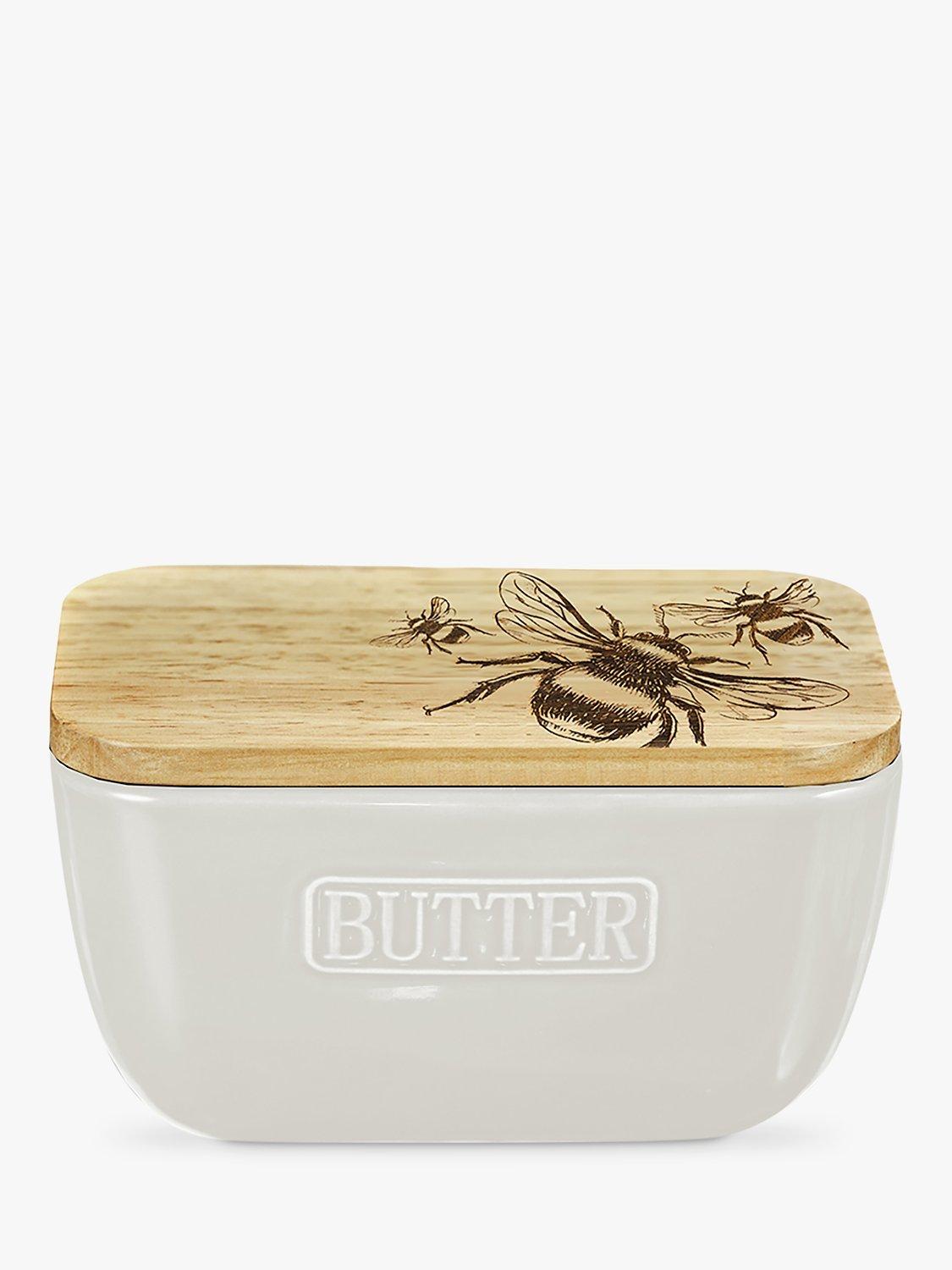 Selbrae House ceramic butter dish with oak wood lid and bee engraving, white (British brand)