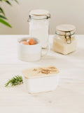 Selbrae House ceramic butter dish with oak wood lid and bee engraving, white (British brand)