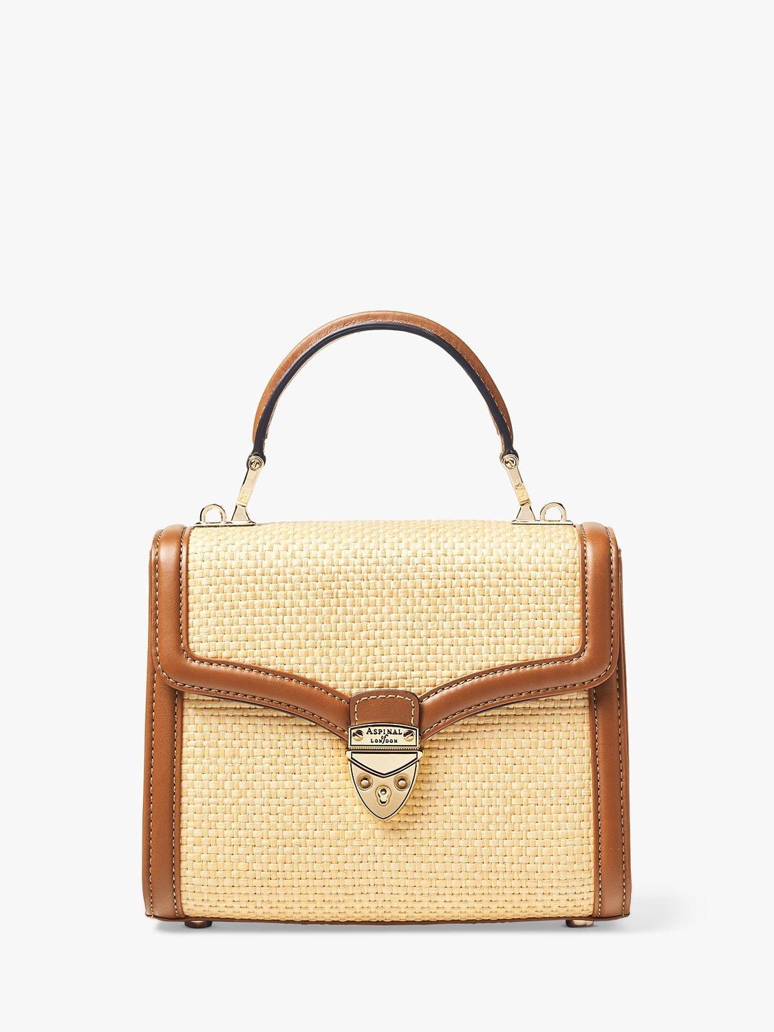 Aspinal Midi Mayfair Raffia cross body bag, natural tan, imported from the UK