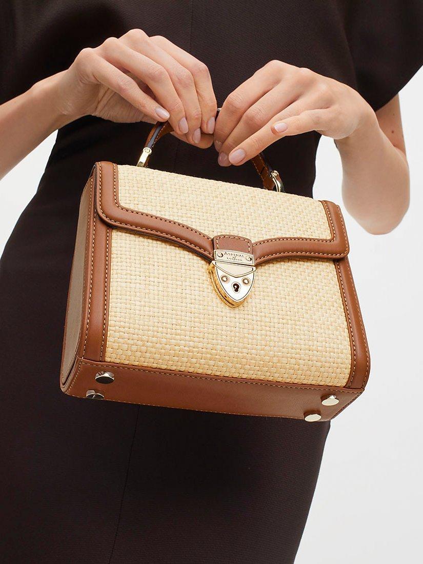 Aspinal Midi Mayfair Raffia cross body bag, natural tan, imported from the UK