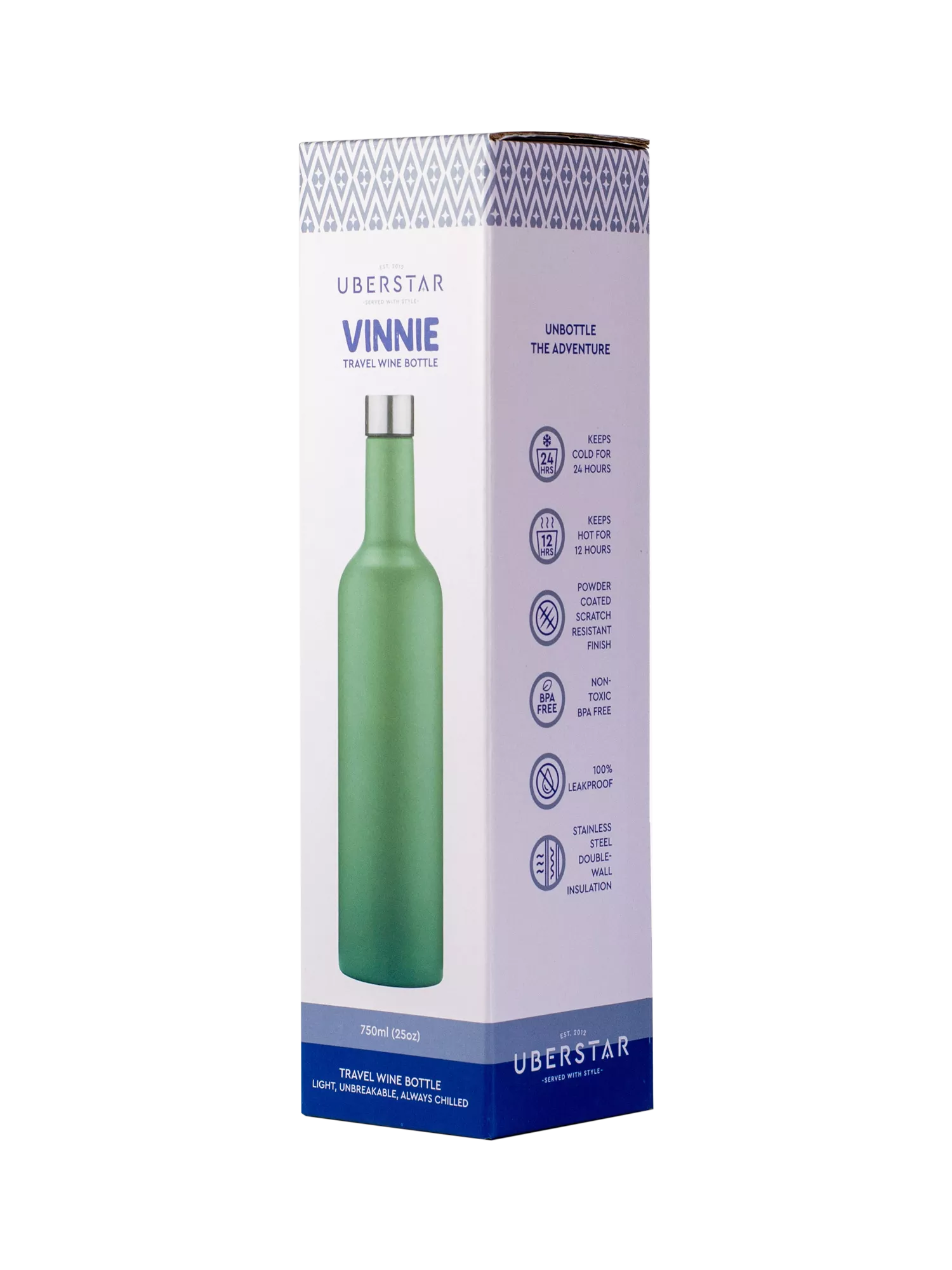 Uberstar insulated stainless steel travel wine bottle in Sage Green, 750ml (British brand)
