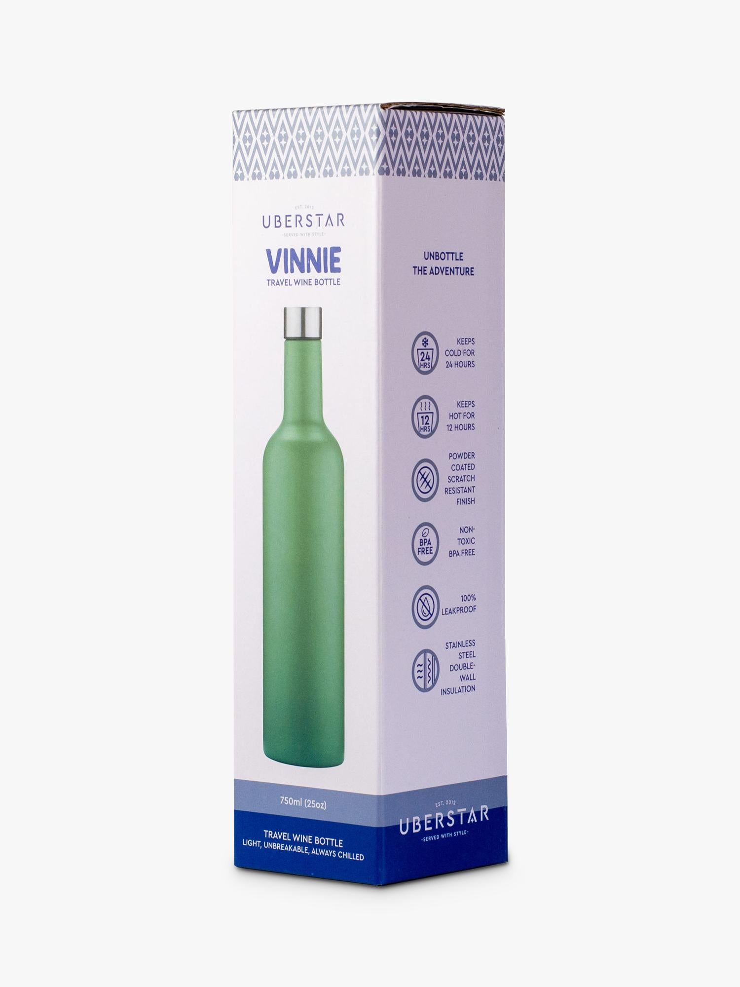 Uberstar insulated stainless steel travel wine bottle in Sage Green, 750ml (British brand)