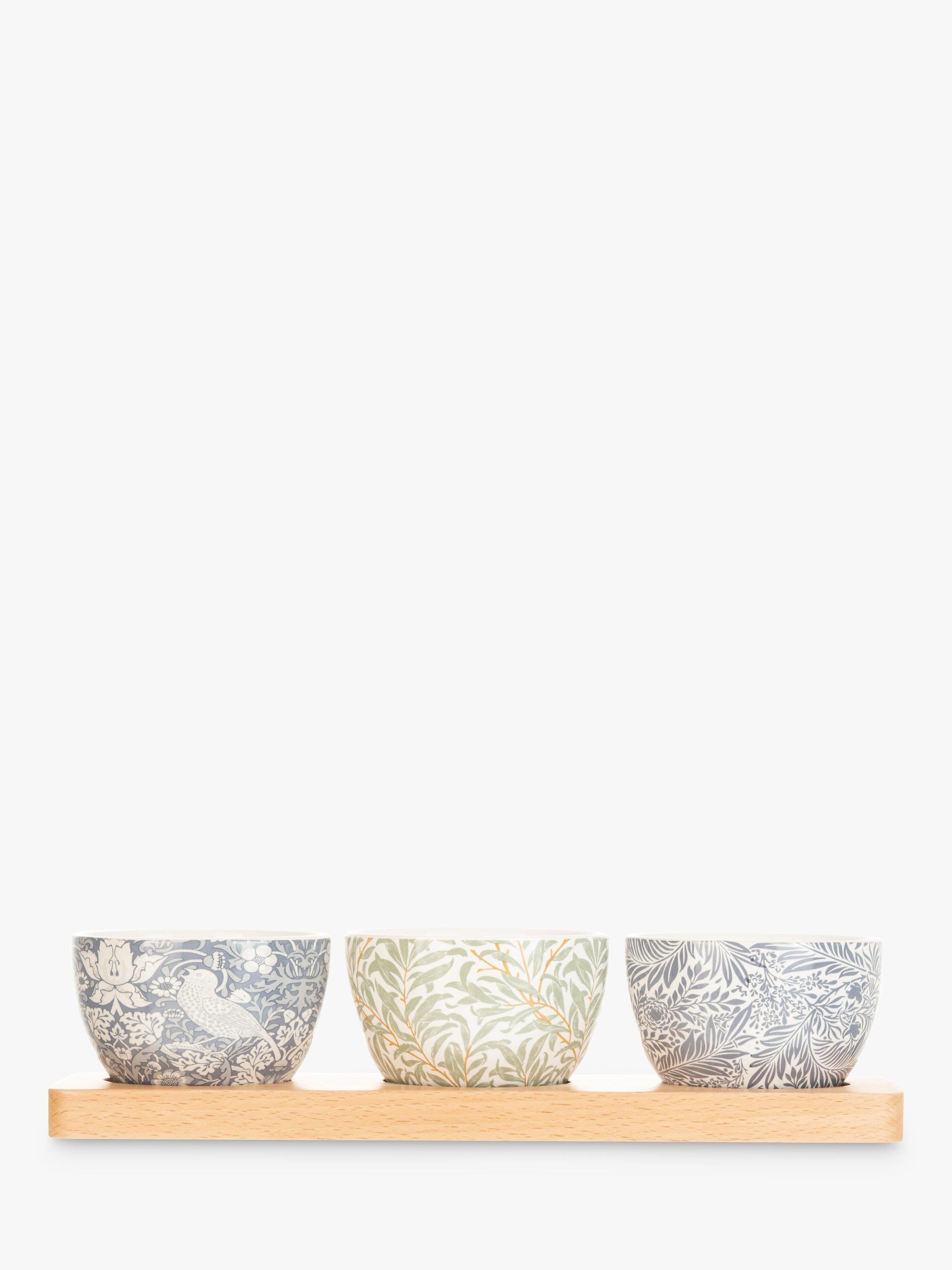 William Morris ceramic bowls set with mixed prints and beech tray (British brand)