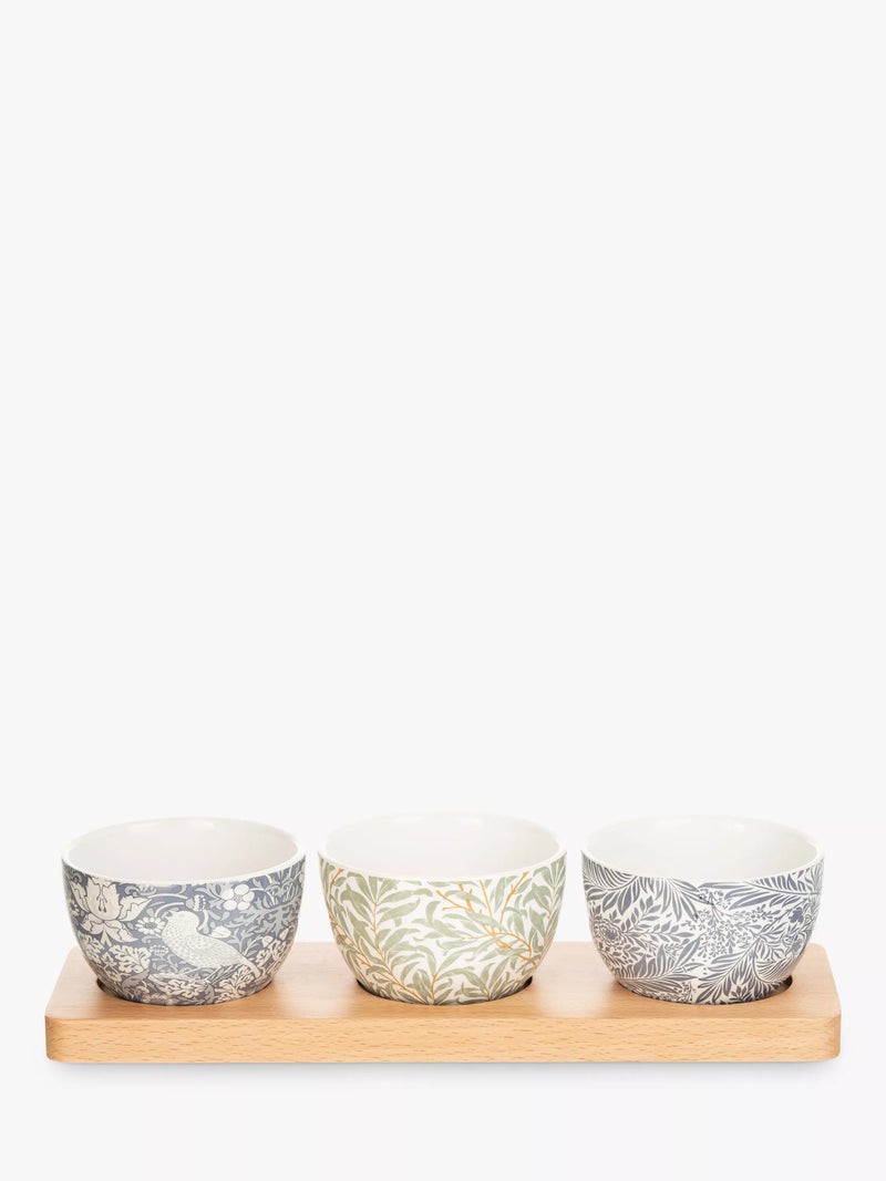 William Morris ceramic bowls set with mixed prints and beech tray (British brand)