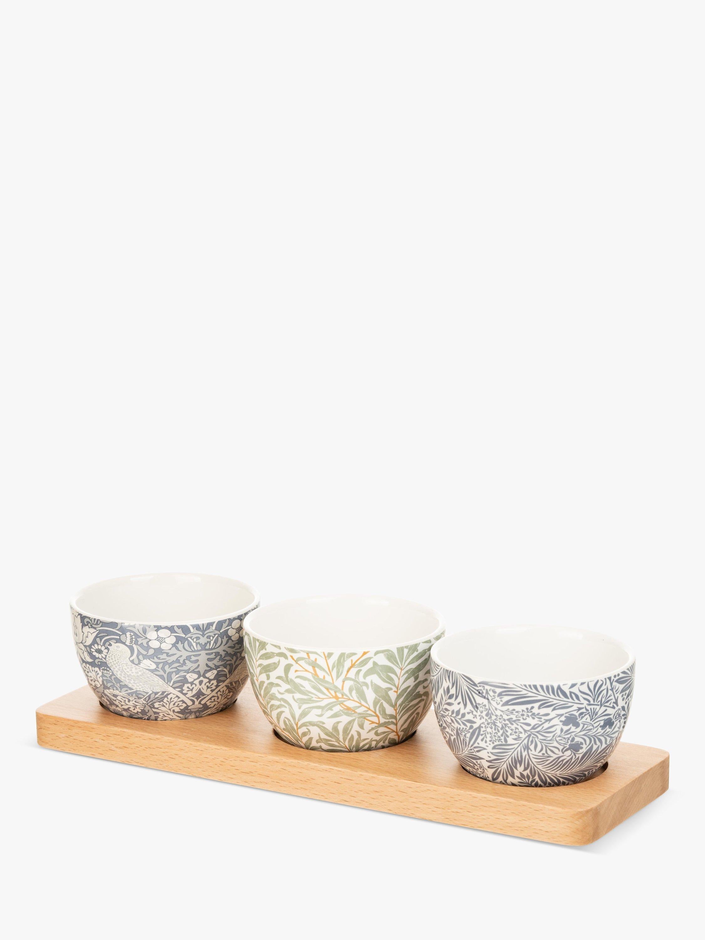William Morris ceramic bowls set with mixed prints and beech tray (British brand)