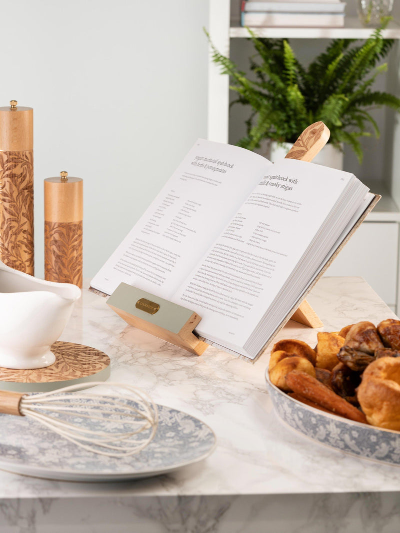 William Morris cookbook stand with Willow Boughs etching, collapsible beech wood (British brand)