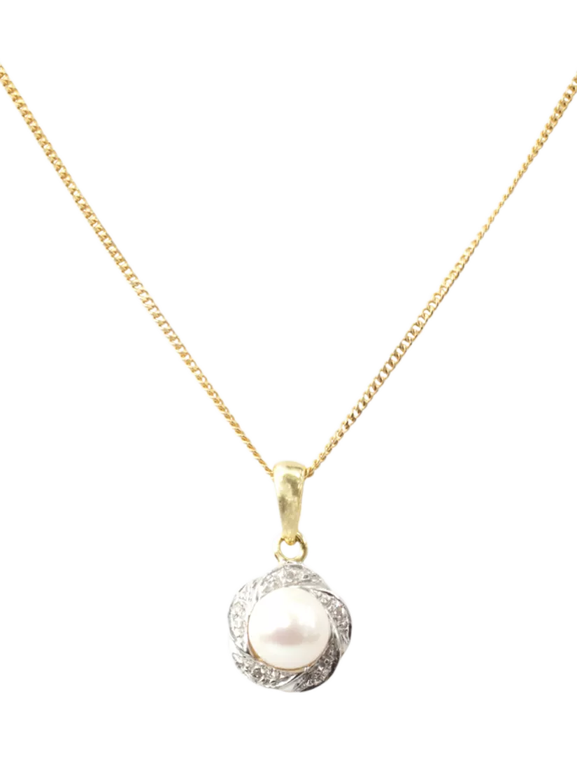 E.W Adams 9ct gold diamond pearl pendant necklace (British brand)
