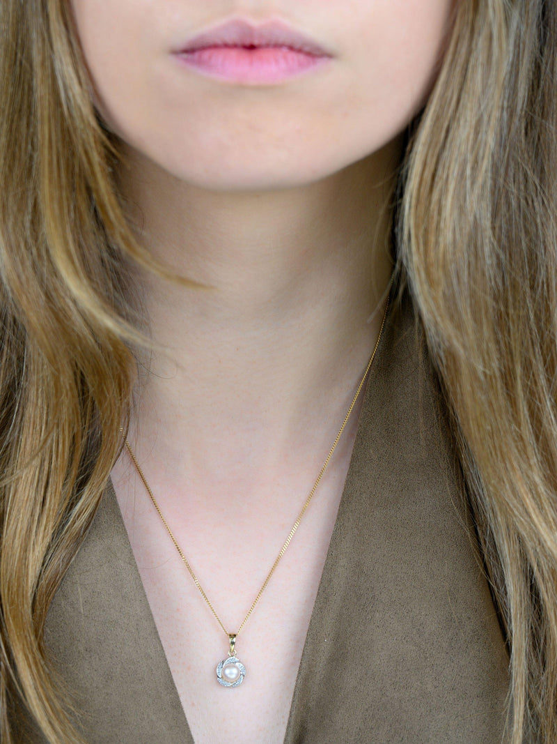 E.W Adams 9ct gold diamond pearl pendant necklace (British brand)