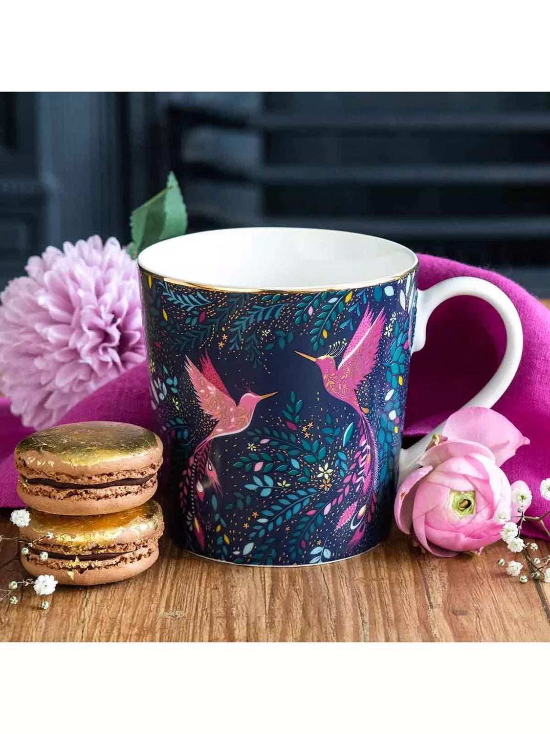 Sara Miller fine china mug Hummingbird Paradise navy 344ml - British product