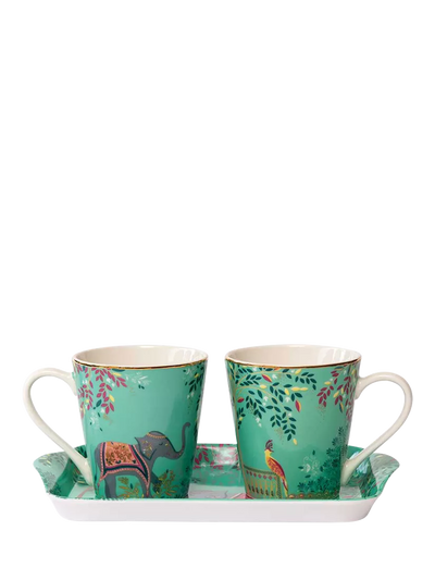 John Lewis Sara Miller India Elephant Oasis 22ct Gold Porcelain Mugs and Melamine Tray Set, Green, 180ml- Buy online at McGrocer