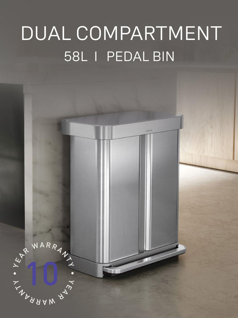 Simplehuman recycling pedal bin brushed stainless steel 58L, imported from the UK