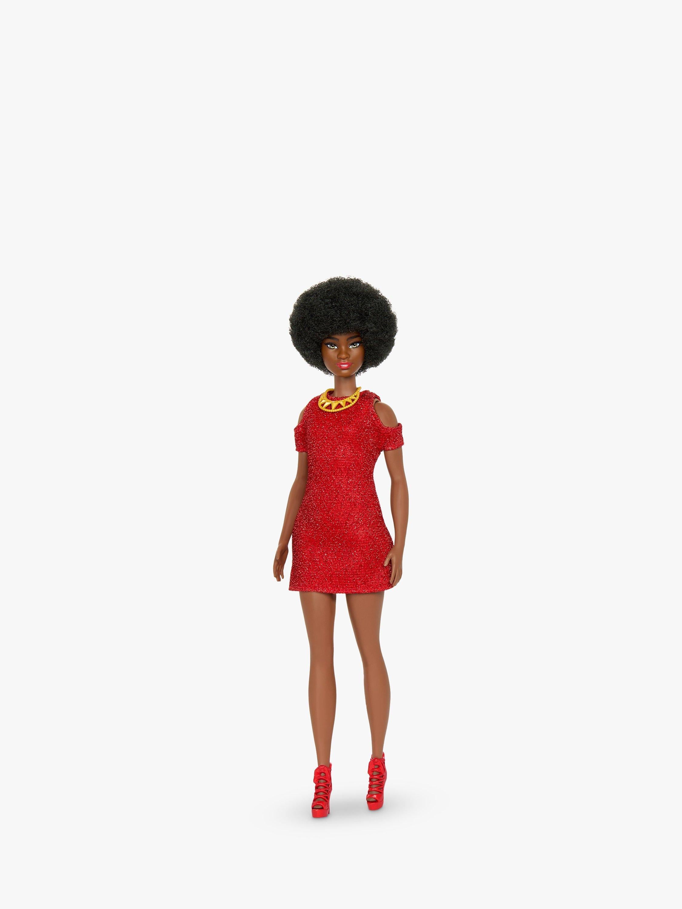 Barbie Fashionistas Doll #221 with natural black hair and red dress - British product
