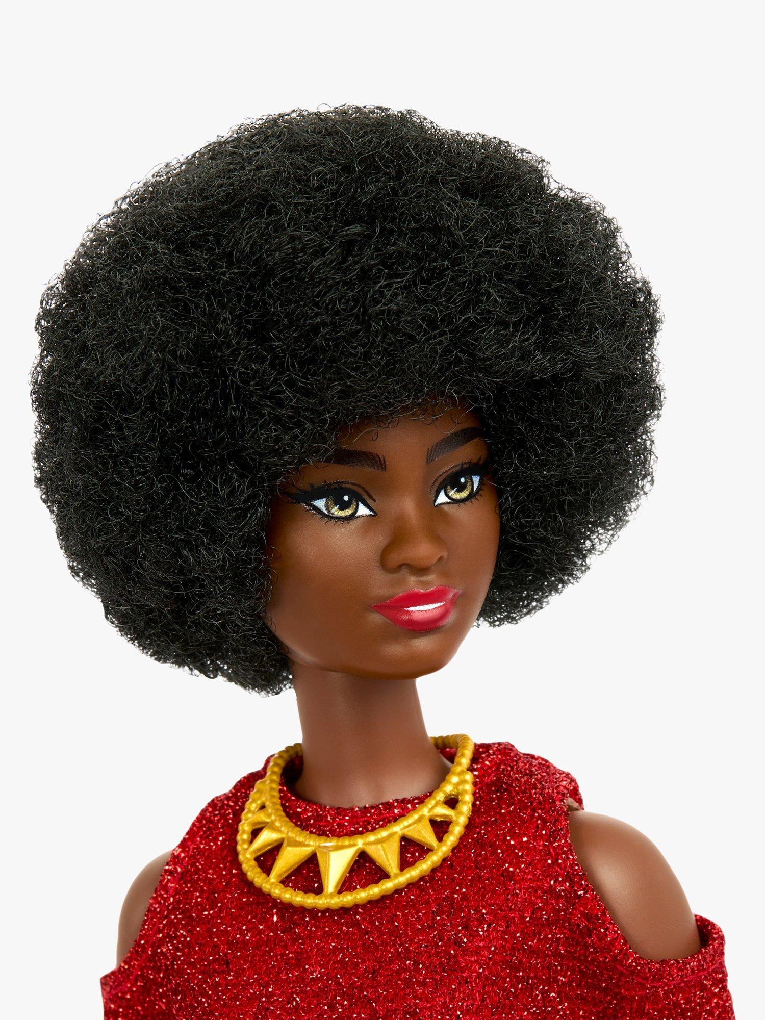 Barbie Fashionistas Doll #221 with natural black hair and red dress - British product